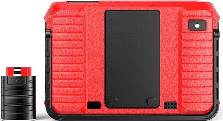 Zadní strana diagnostického tabletu Ancel DS600 v červeno-černém odolném provedení s fotoaparátem, stojánkem a větrací mřížkou; vedle je bezdrátové rozhraní VCI.