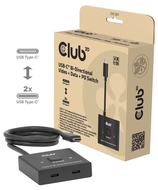 Redukce Club3D Switch USB-C / 2xUSB-C Oboustranný 2v1, PD 100W černá