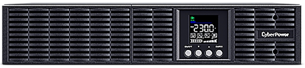 Záložní zdroj CyberPower Professional Advanced OnLine S 1000VA/900W,2U černý Na obrázku je černý rackový UPS zdroj CyberPower v nízkém 2U provedení z čelního pohledu. Přední panel tvoří široká ventilační mřížka, uprostřed malý LCD displej s hodnotou 230,0 a pod ním čtyři ovládací tlačítka. Vpravo je logo CyberPower a celé zařízení působí profesionálně a robustně pro serverové použití.