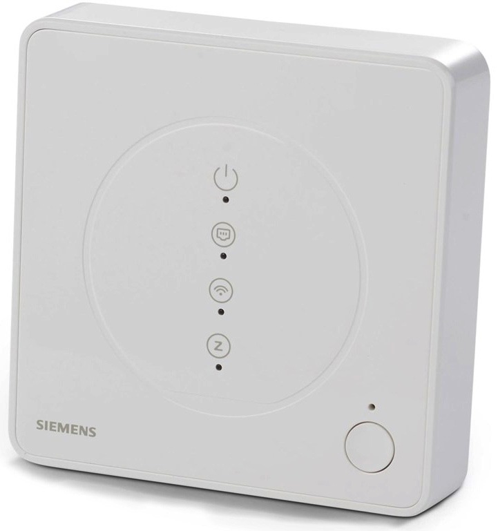 Bílá čtvercová centrální jednotka Siemens Connected Home. Na přední straně má logo Siemens, svislou řadu stavových ikon s kontrolkami a kulaté tlačítko vpravo dole.