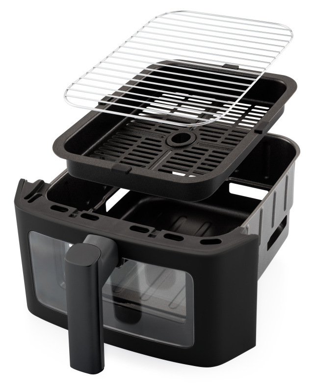 Fritéza horkovzdušná ETA Fritta Dual Slim 4167 90000 černá Rozložený fritovací koš horkovzdušné fritézy ETA Fritta Dual Slim s vyjímatelnou odkapávací mřížkou a nerezovým roštem.