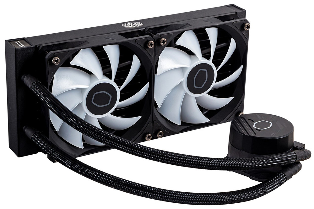 Vodní chladič Cooler Master MasterLiquid ML240L Core ARGB Fotografie vodního chladiče s vypnutými ARGB ventilátory. Dvě hadice a pumpa s měděnou podložkou.