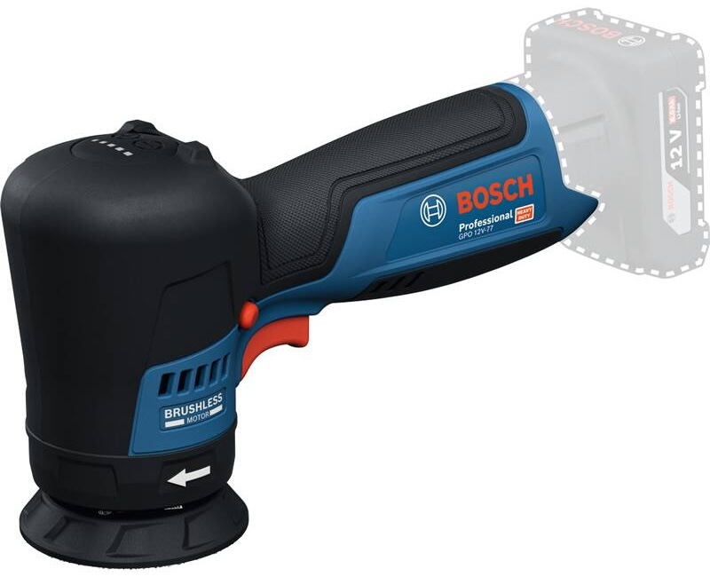 Leštička Bosch Professional GPO 12V-77 bez akumulátoru v detailním bočním pohledu s viditelným bezuhlíkovým motorem