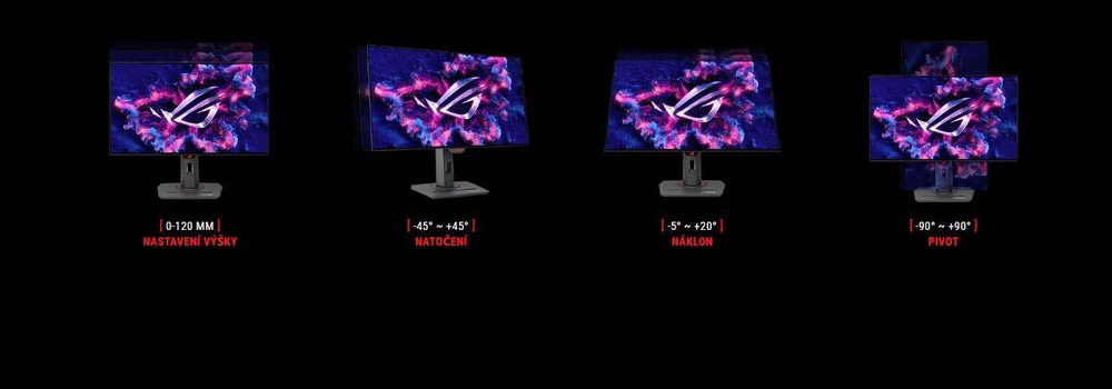 Čtyři počítačové monitory na černém pozadí, které předvádějí nastavitelné funkce: výšku, otočení, naklonění a otočení.