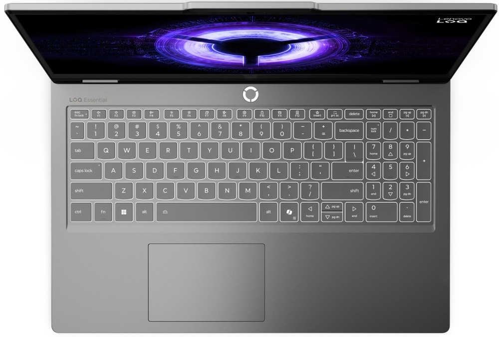 Notebook Lenovo LOQ Essential 15IRX11 šedý Pohled shora na podsvícenou klávesnici laptopu Lenovo LOQ Essential 15IRX11