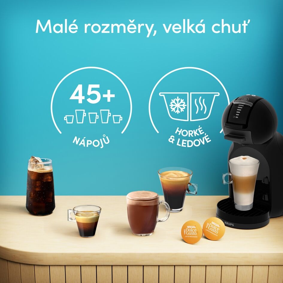 Široká nabídka nápojů od kávovaru Krups KP143GF0 NESCAFÉ Dolce Gusto Mini Me 2 Piano Black