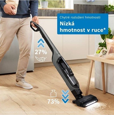 Muž vysávající dřevěnou podlahu vysavačem Bosch Flexxo BHH4GN28