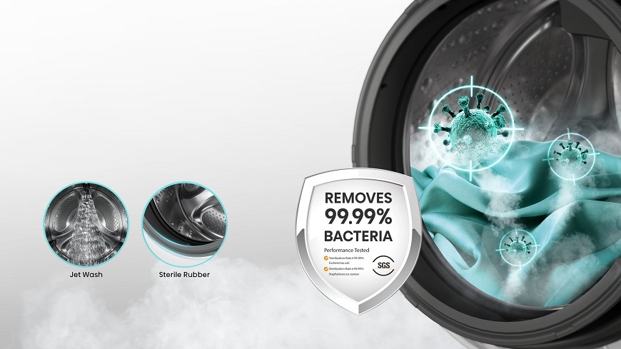 modré prádlo uvnitř pračky hisense WF3I6027BWU , kde je zbaveno bakterií