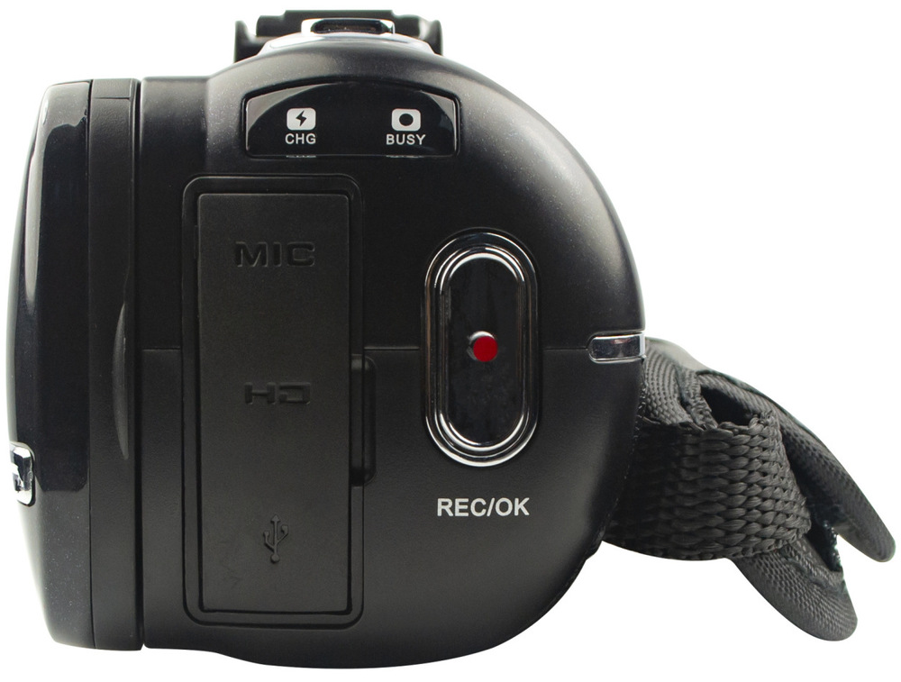 Videokamera AgfaPhoto Realimove CC2700 černá Boční panel videokamery AgfaPhoto CC2700 s tlačítkem REC/OK a konektorem USB.