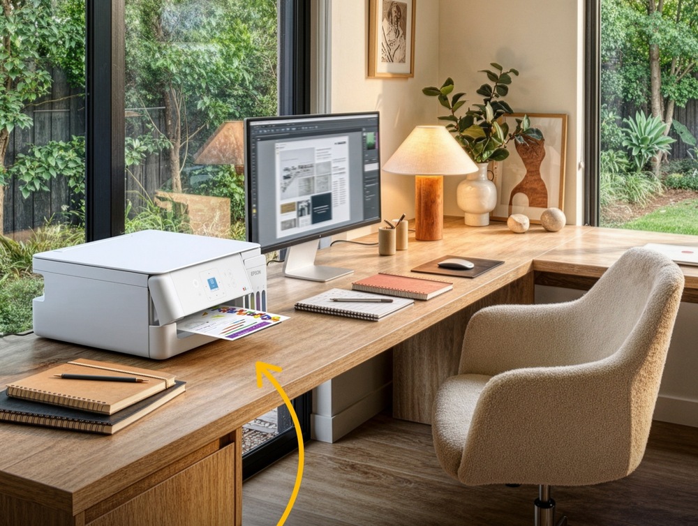 Tiskárna multifunkční Epson EcoTank L3366 bílá Epson EcoTank na dřevěném pracovním stole v pracovně s velkými okny do zahrady. Vedle tiskárny stojí monitor, na stole leží zápisníky a kancelářské potřeby
