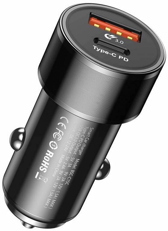 Adaptér do auta Baseus Small Screw Type-C PD + USB Quick Charge 36W černý