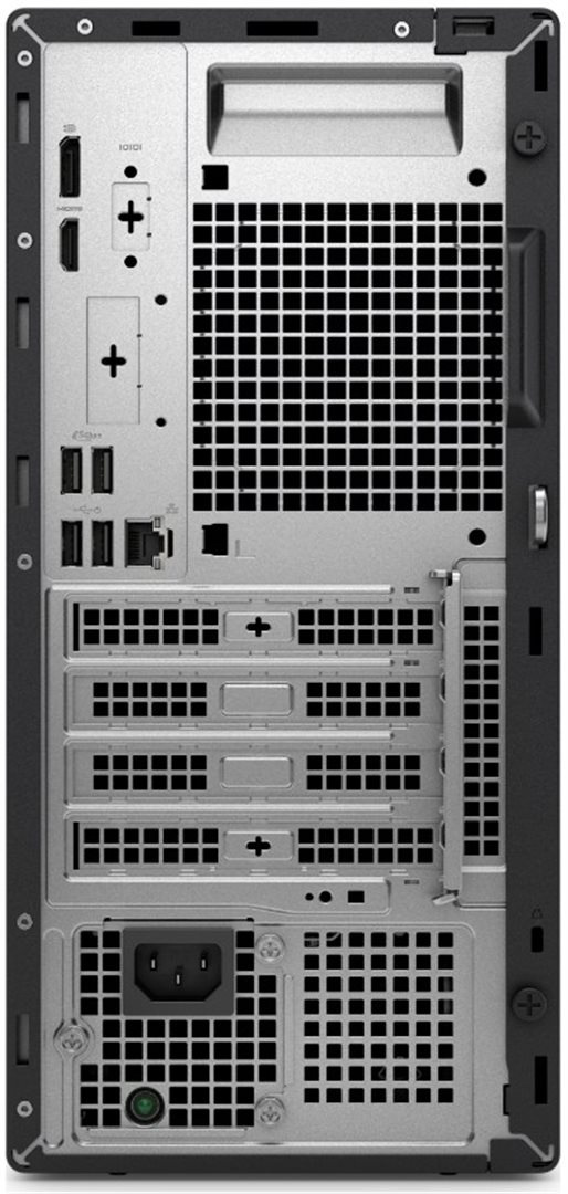 PC mini Dell Pro Tower QCT1255 černý Pohled na zadní stranu PC. Jsou zde USB porty, gigabitový LAN a obrazové výstupy HDMI 2.1 a DisplayPort 1.4a pro moderní monitory.
