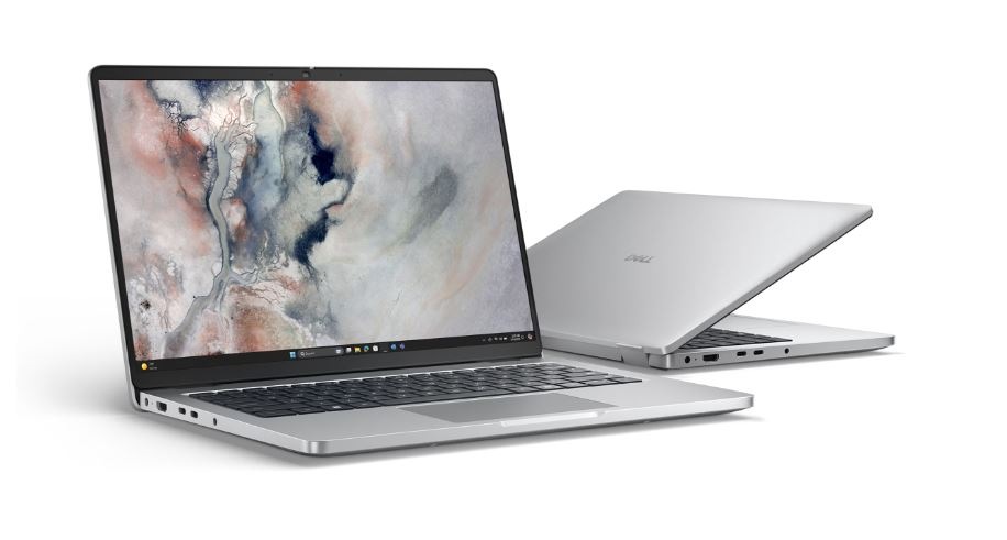 Otevřené notebooky v elegantním stříbrném designu, z nichž jeden má zářivý abstraktní displej. Uspořádání zdůrazňuje tenkost a modernost.