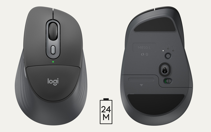 Pohled shora a zespodu na Logitech Signature M850 L Wireless s výdrží baterie až 24 měsíců