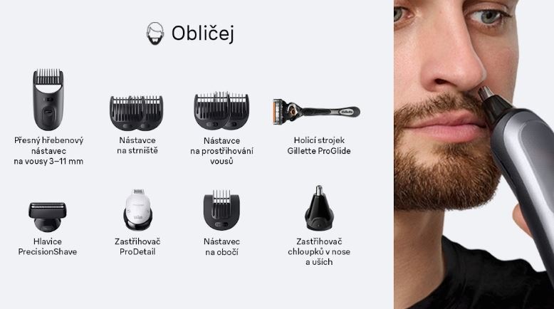 Zastřihovač multifunkční Braun Series 9 AIO9500 šedý Na fotografii je vyobrazeno příslušenství pro úpravu obličeje, např. nástavec na obočí, nástavce na prostřihávání vousů nebo na strniště atd.
