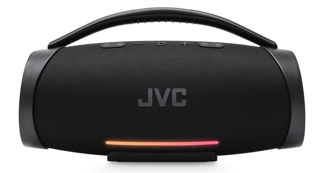 Přenosný reproduktor JVC XS-E834B černý Přenosný Bluetooth reproduktor JVC XS-E834B s madlem a barevným LED podsvícením – čelní pohled