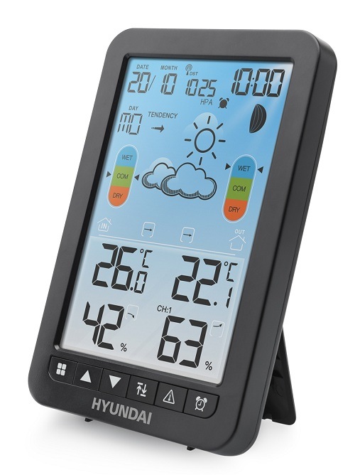 Černá meteostanice Hyundai WS 2420 zobrazující informace o počasí