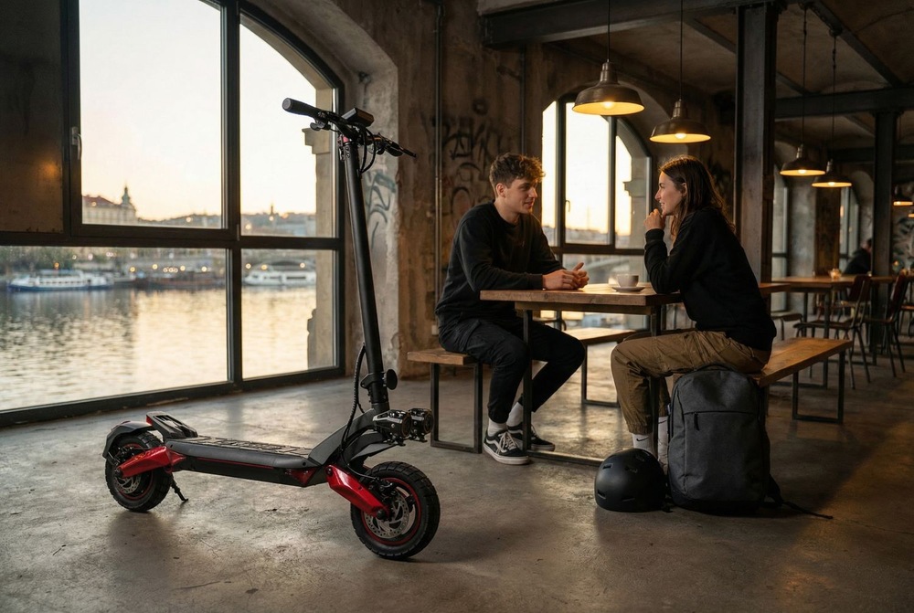 Elektrická koloběžka Sencor Scooter X50 OFF-ROAD černá Elektrická koloběžka Sencor Scooter X50 OFF-ROAD v kavárně