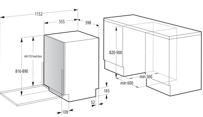Vestavná myčka Gorenje GV663B66, rozměry pro zabudování