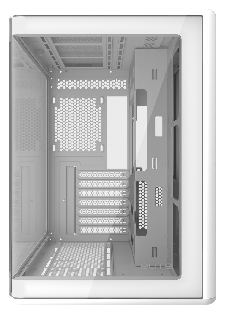 Pohled do PC skříně přes přední prosklenou stěnu. Vidíme i perforované stěny pro silnou ventilaci.