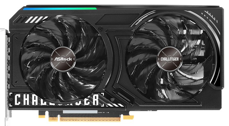 Grafická karta ASRock Intel Arc B580 Challenger 12G OC černý Na snímku je grafická karta z čelního pohledu. Jsou vidět dva ventilátory a celkové zpracování karty.