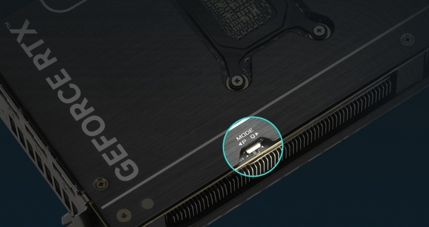 Detail přepínače BIOS módů pro výkon a tichý chod grafické karty
