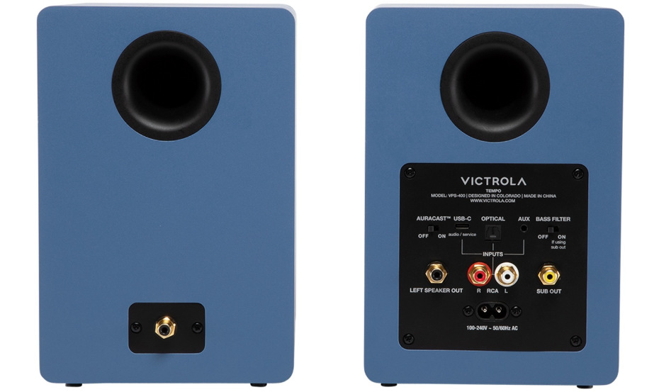 Reproduktory Victrola VPS-400 Tempo (2 ks) modrý Detail reproduktorů Victrola ze zadní strany
