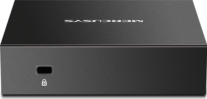 Zadní strana černého switche Mercusys MS105GS s otvorem pro bezpečnostní zámek Kensington.