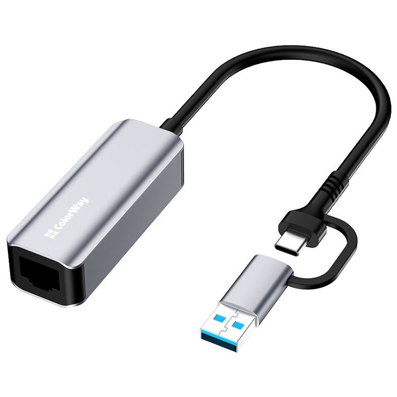 Síťová karta ColorWay USB-C nebo USB-A na RJ45, 18 cm šedá