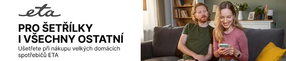 Banner značky ETA na cashback s textem „Pro šetřílky i všechny ostatní – Ušetřete při nákupu velkých domácích spotřebičů ETA“ a fotografií páru na pohovce s chytrým telefonem