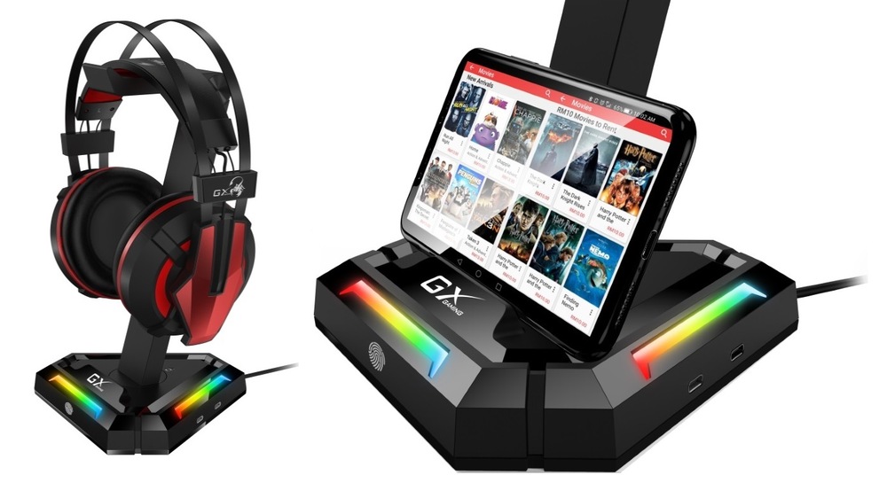 Stojánek Genius GX-UH100 na headset, RGB, USB hub černý