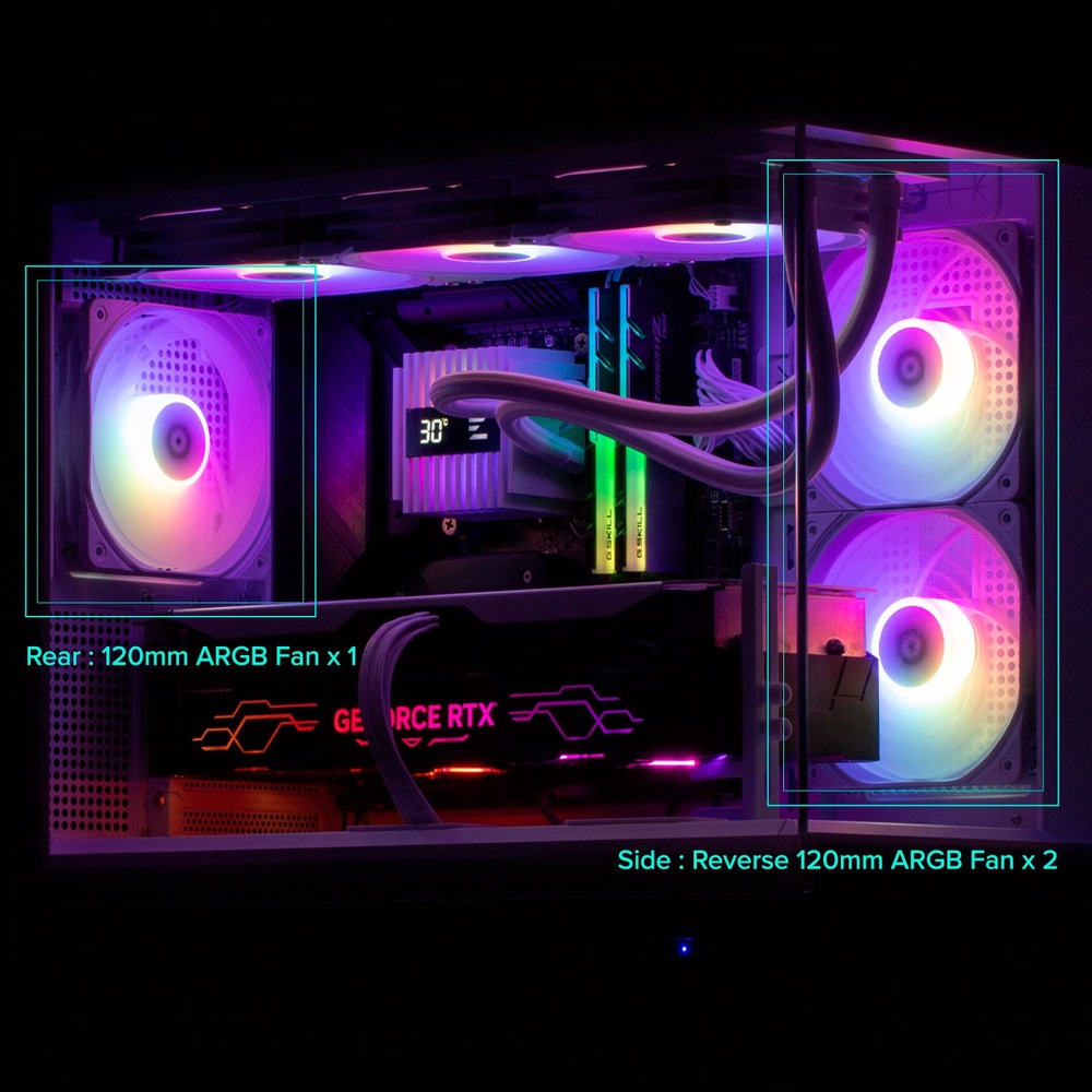 Case Zalman P30 White V2 bílá Uvnitř tmavé počítačové skříně, zářící odstíny modrých a fialových LED světel ze tří RGB ventilátorů a RAM modulů, což vytváří futuristický dojem.