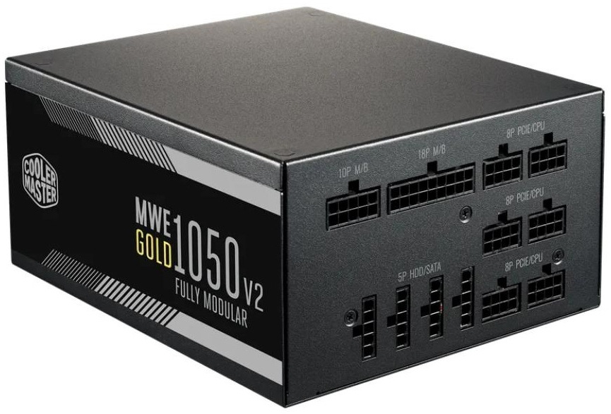 Na obrázku je boční a zadní část plně modulárního napájecího zdroje Cooler Master. Z boku je výrazný nápis MWE Gold 1050 V2 Fully Modular, na zadní straně jsou porty označené pro základní desku, procesor, grafickou kartu a SATA/HDD.