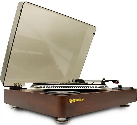Gramofon Roadstar TT-260SPK s otevřeným víkem.