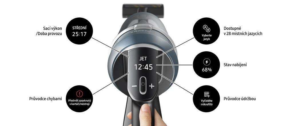 Tyčový vysavač Samsung BESPOKE Jet pet VS20A95823W/GE bílý Digitální displej tyčového vysavače Samsung Bespoke Jet Pet VS20A95823W/GE