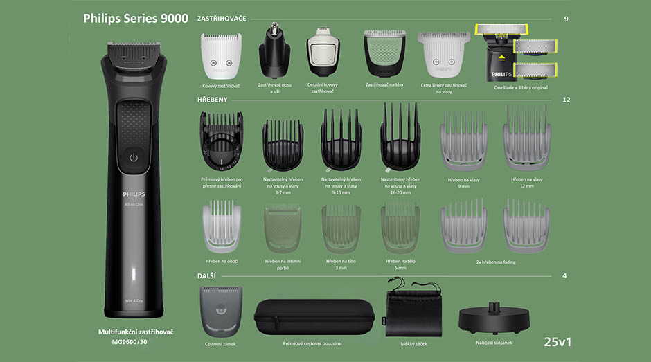 Zastřihovač multifunkční Philips Series 9000 MG9690/30 + Philips OneBlade na tvář černý Zastřihovač se všemi nadstavci