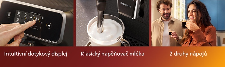Banner s třemi políčky, ve kterých je intuitivní dotykový displej, klasický napěňovač mléka a dva druhy nápojů.
