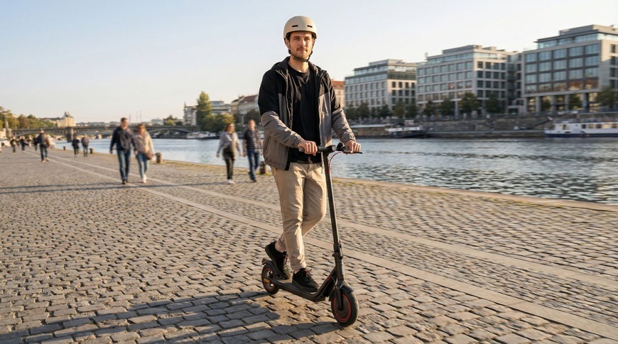 Muž jede na elektrické koloběžce Sencor SCOOTER S31 po dlážděné náplavce podél řeky, zatímco kolem procházejí lidé a v pozadí jsou moderní budovy. Má nasazenou helmu a působí uvolněně při jízdě městským prostředím.