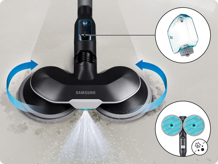 Nástavec Spray Spinning Sweeper nasazený na tyčový vysavač Samsung JET 95 premium VS20C954FTB/GE, šipky znázorňují pohyb nástavce, vpravo je v kolečku detail nádržky na vodu, pod ním v kolečku pohled na nástavec zespodu