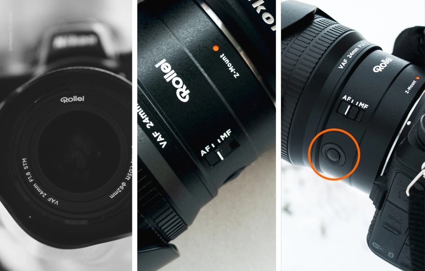 Objektiv Rollei 24 mm AF f/1.8 (Nikon Z) černý Detaily přední čočky, ovládacího kroužku a tlačítek pro ovládání objektivu Rollei 24 mm AF f/1.8
