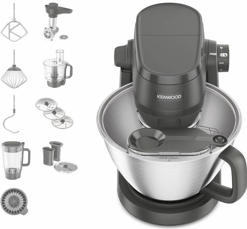 Kuchyňský robot Kenwood s nerezovou mísou, mixérem, mlýnkem na maso, food procesorem a bohatým příslušenstvím v šedém provedení.