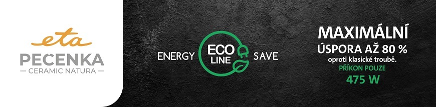 Banner ETA Pečenka týkající se úspory energie s textem: Maximální úspora až 80 % oproti klasické troubě, příkon pouze 475 W