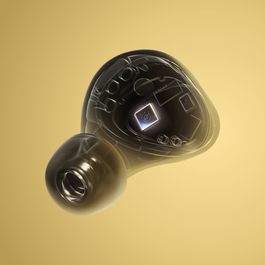 Průhledová vizualizace sluchátka SteelSeries Arctis GameBuds s čipem uvnitř těla