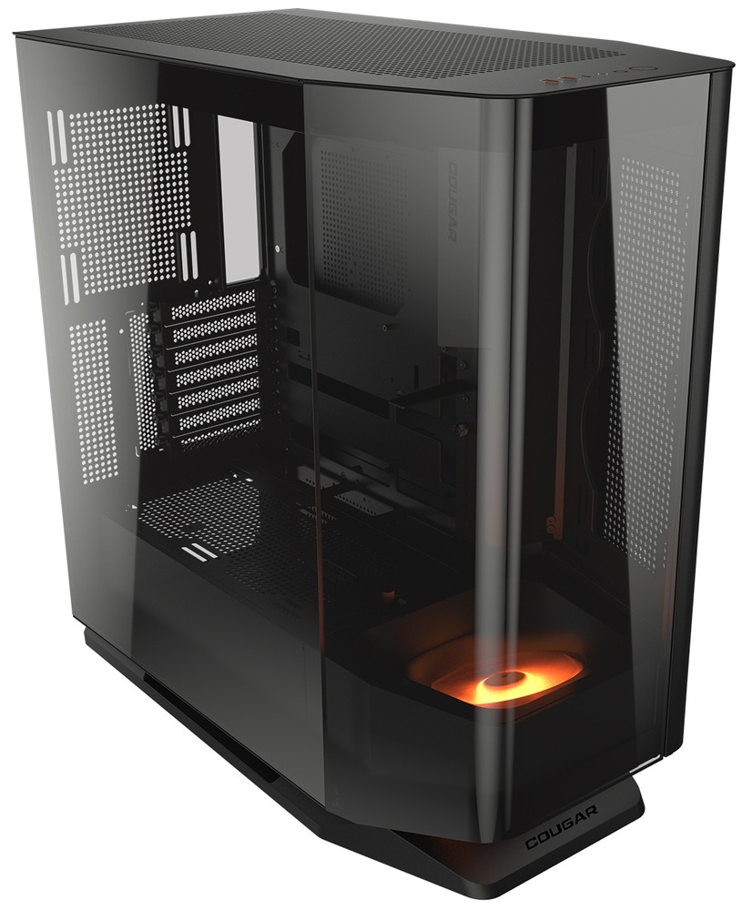 Počítačová skříň Cougar FV270 s úhlovým umístěním ventilátorů, černá barva