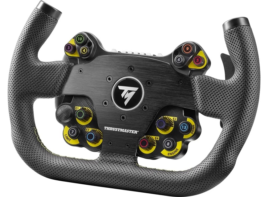 Široký záběr volantu EVO Racing 31U s perforovanými úchopy a ovládacími prvky