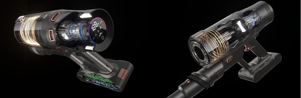 Průřez konstrukcí akumulátorového tyčového vysavače ETA Terier zobrazující výkonný digitální motor, filtrační systém s cyklónovou technologií a chytrou LED obrazovku s ukazatelem stavu baterie