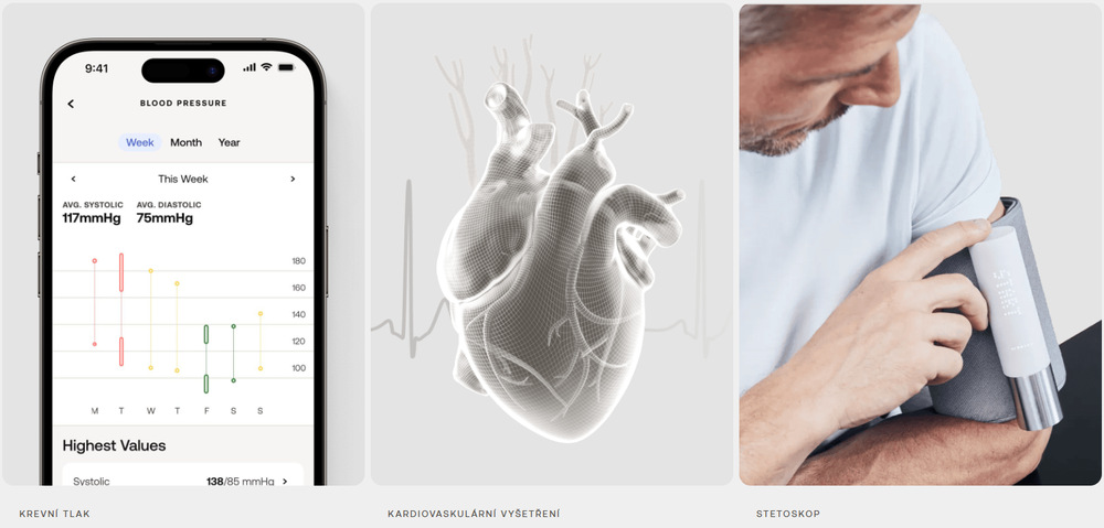 Tlakoměr na paži Withings BPM Core WPM04 s Wi‑Fi šedý/bílý Detail displeje Withings BPM Core se zobrazenými hodnotami systolického, diastolického tlaku a tepové frekvence.