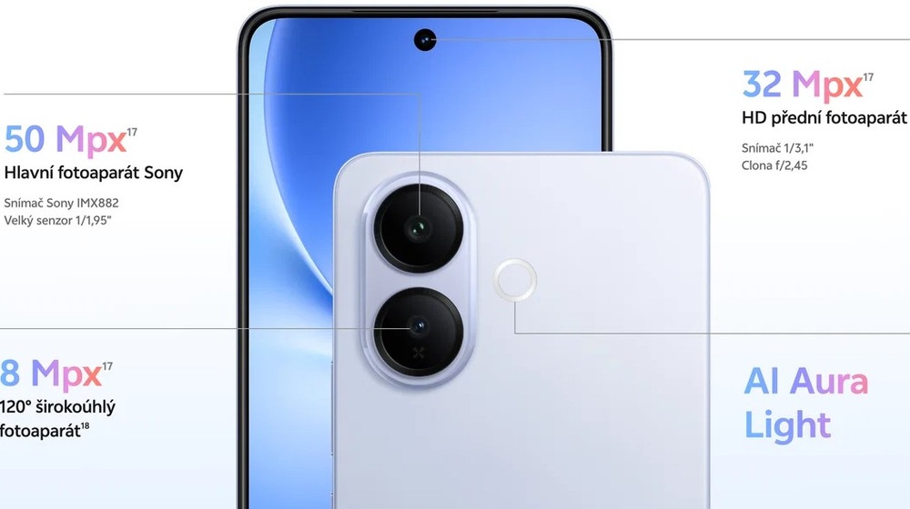 Mobilní telefon vivo V70 Lite 5G 6 GB / 256 GB černý Detailní zobrazení fotoaparátů Vivo V70 Lite 5G 6 GB/256 GB a jejich popis, na co se každý zaměřuje - např. selfie, širokoúhlé foto