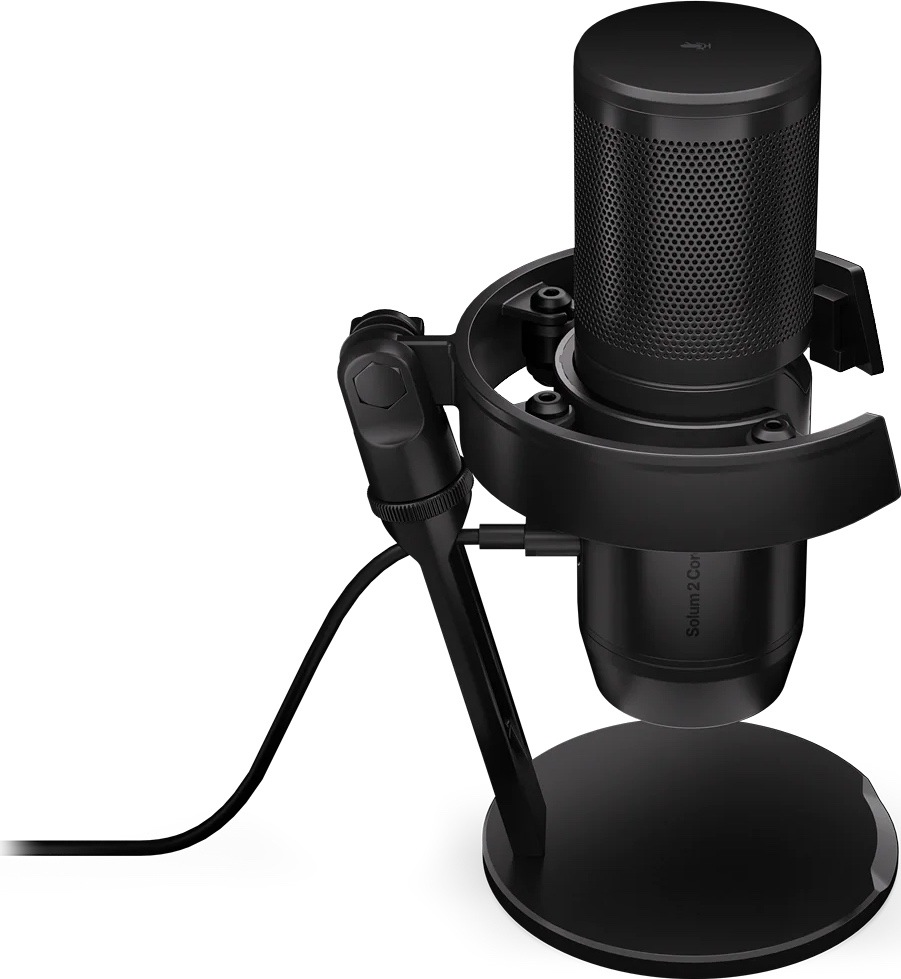 Mikrofon ENDORFY Solum 2 Core černý Boční pohled na mikrofon ENDORFY Solum 2 Core bez pop filtru, se stolní základnou a připojeným kabelem.