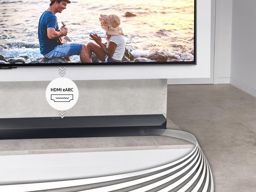 Soundbar Samsung HW-Q600C leží pod televizí se záběrem dvou lidí u moře, mezi televizí a soundbarem je ikona HDMI EARC se šipkami ukazujcími propojení zařízení, ze soundbaru vycházejí bílé čáry znázorňující zvuk